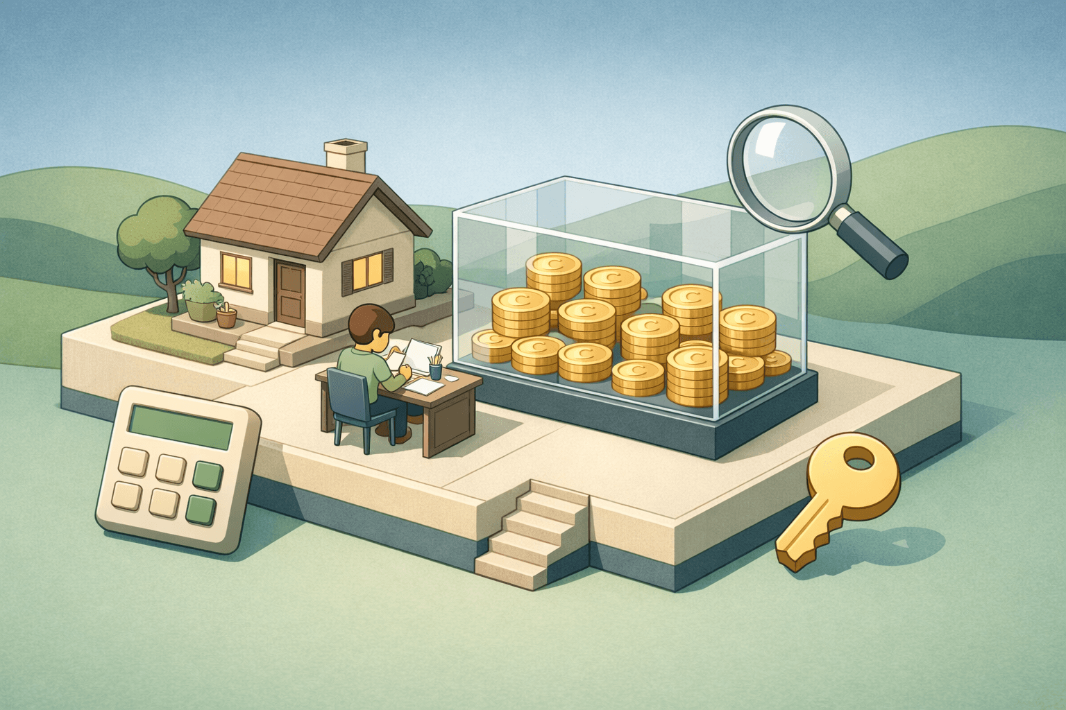 A small house next to a coin display case with a magnifying glass and calculator, representing mortgage planning for coin collectors.