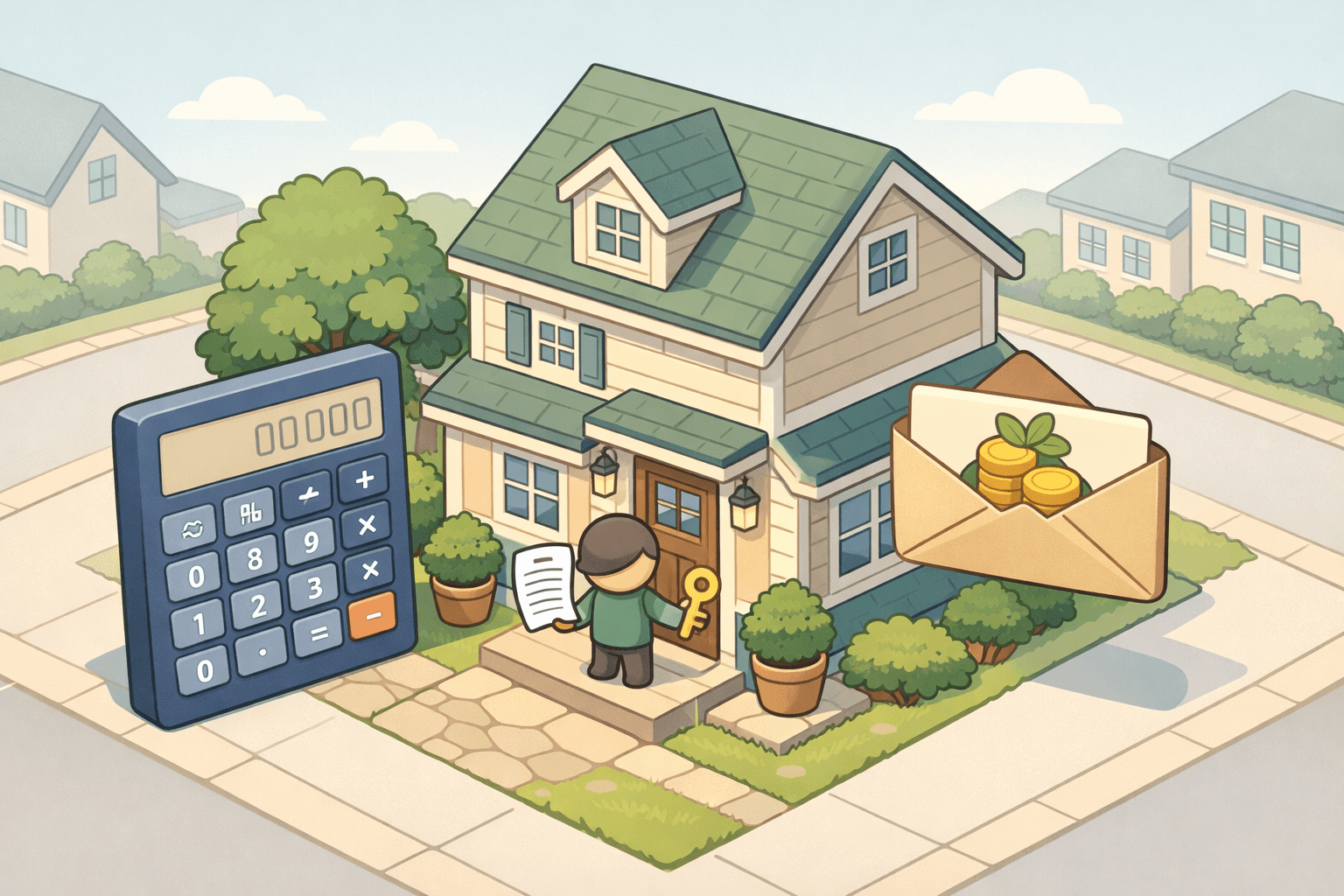 A person reviewing mortgage documents near a house with a calculator and inheritance envelope representing down payment planning