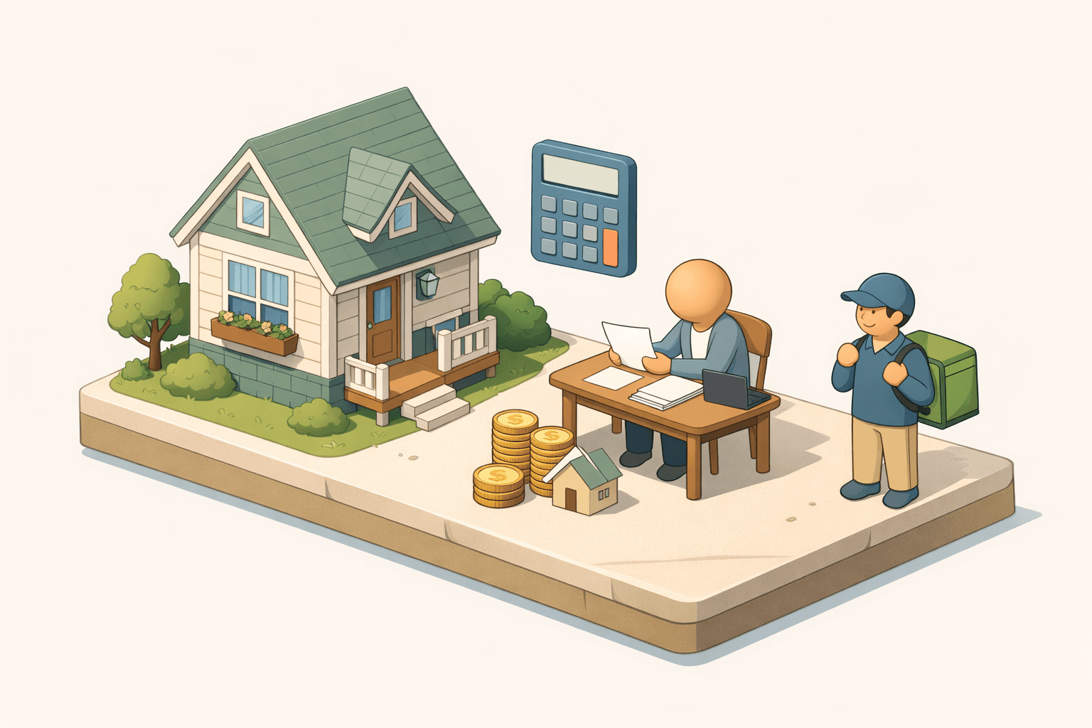 A person reviews mortgage documents beside a home with symbols of inherited funds and side hustle earnings nearby.