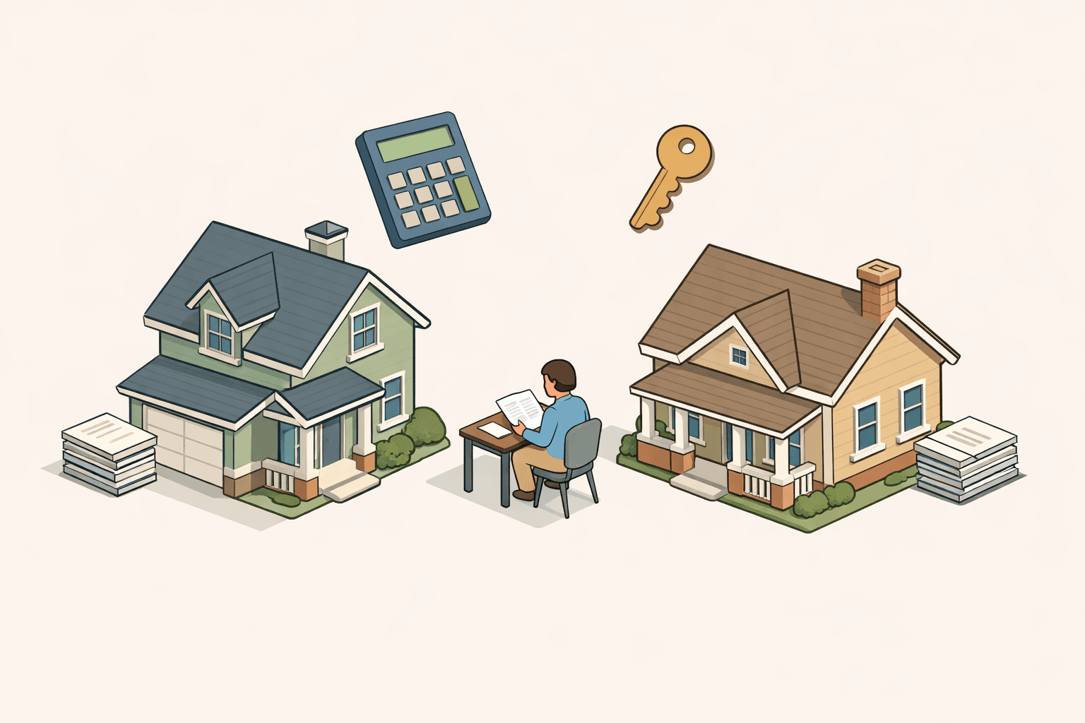 Two houses side by side with a person reviewing mortgage documents and a calculator, representing inherited property and existing mortgage affordability