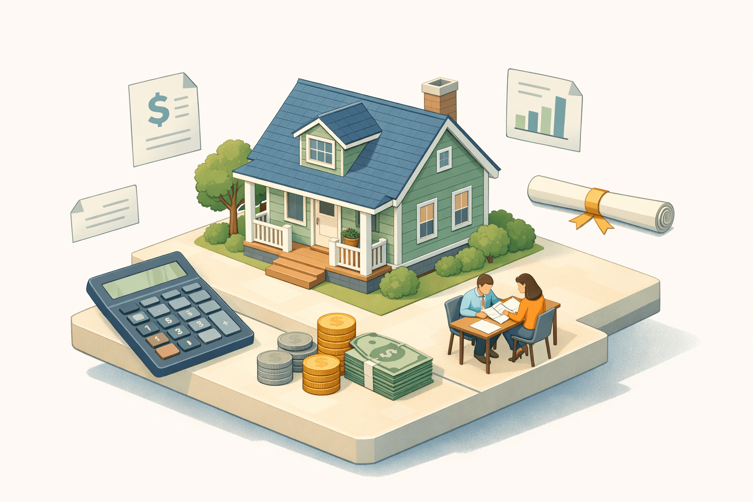 A small house with floating calculator and document icons representing mortgage affordability review with overtime income and student loan debt