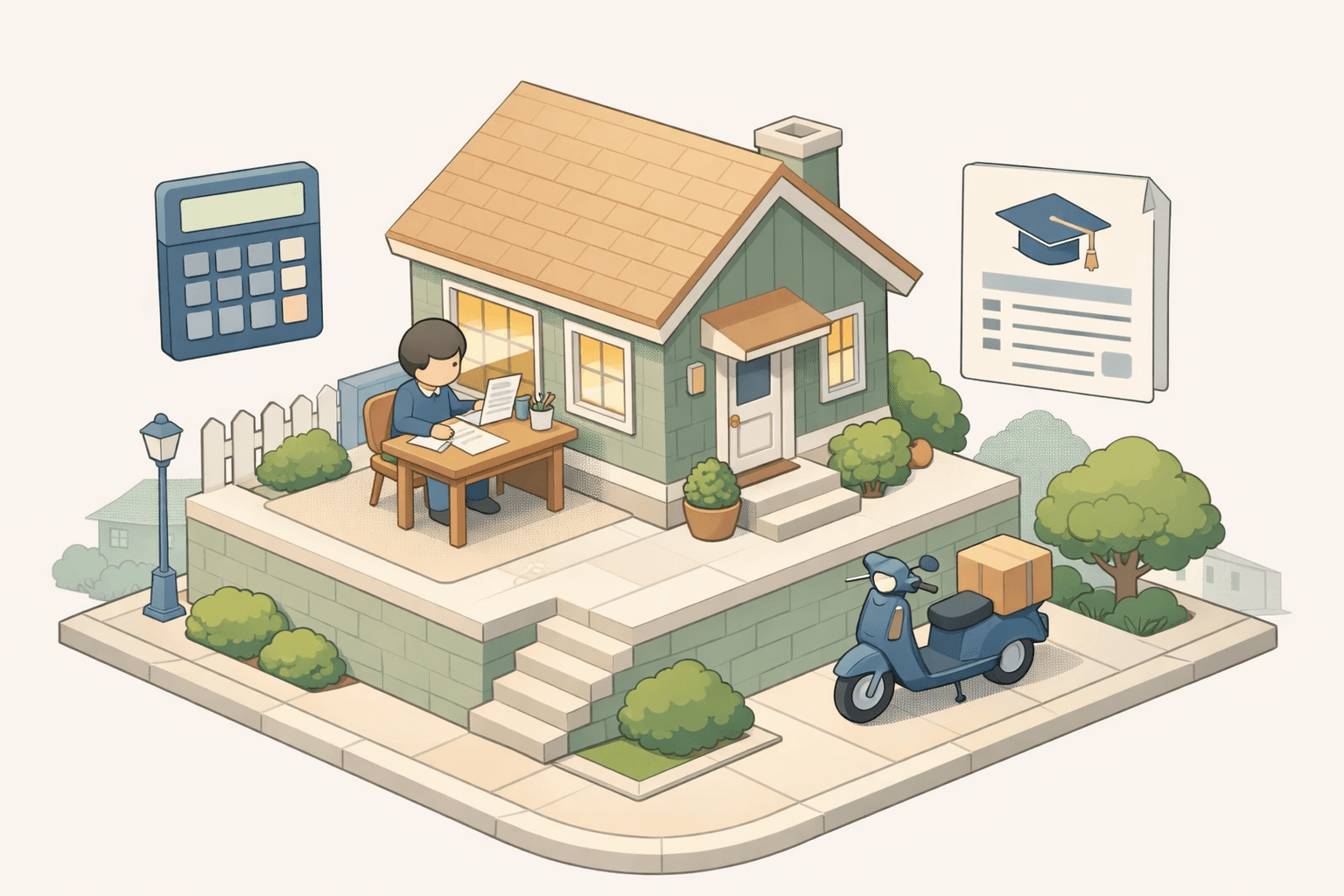 A person reviewing mortgage documents at a desk with a calculator and student loan paperwork nearby, outside a small home.