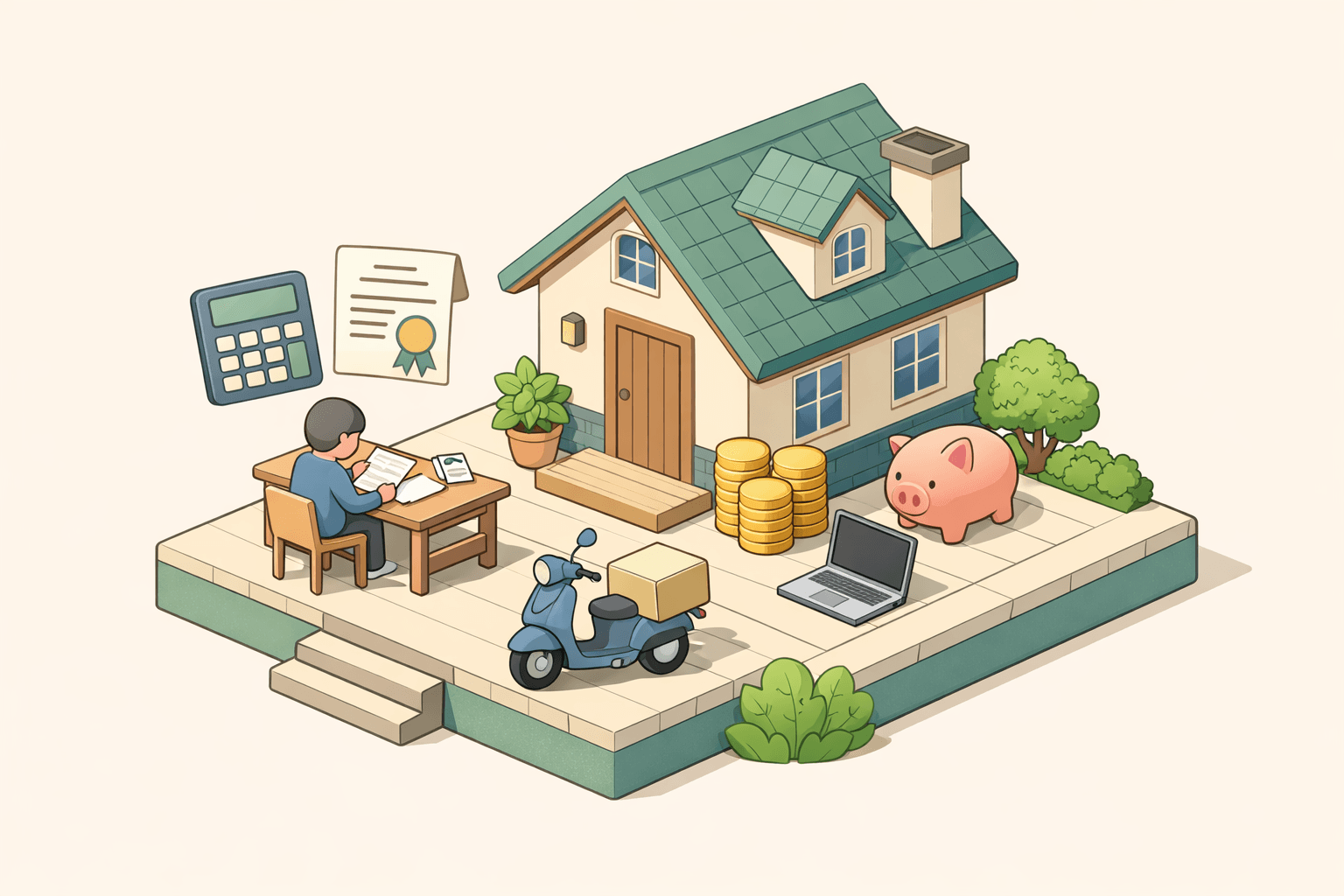 A retiree reviewing mortgage documents at a desk beside a cozy house with gig work and pension income symbols nearby.