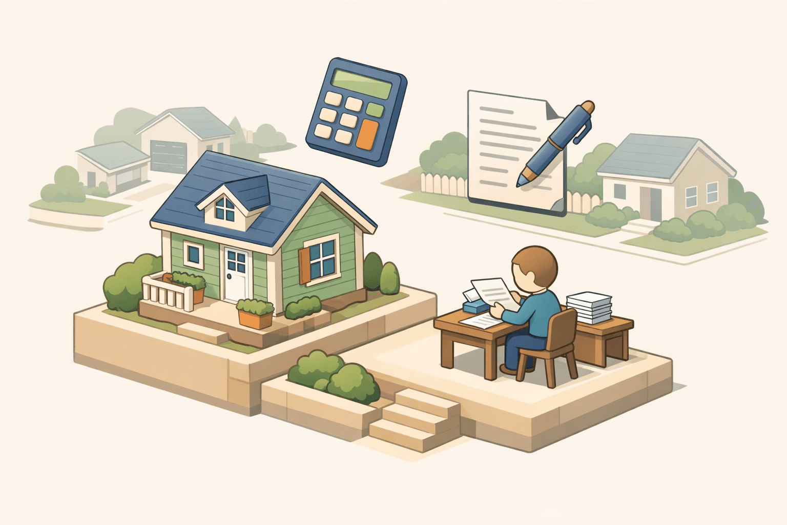 A person reviews mortgage documents at a desk beside a house model with a calculator, representing alimony and home loan affordability planning.