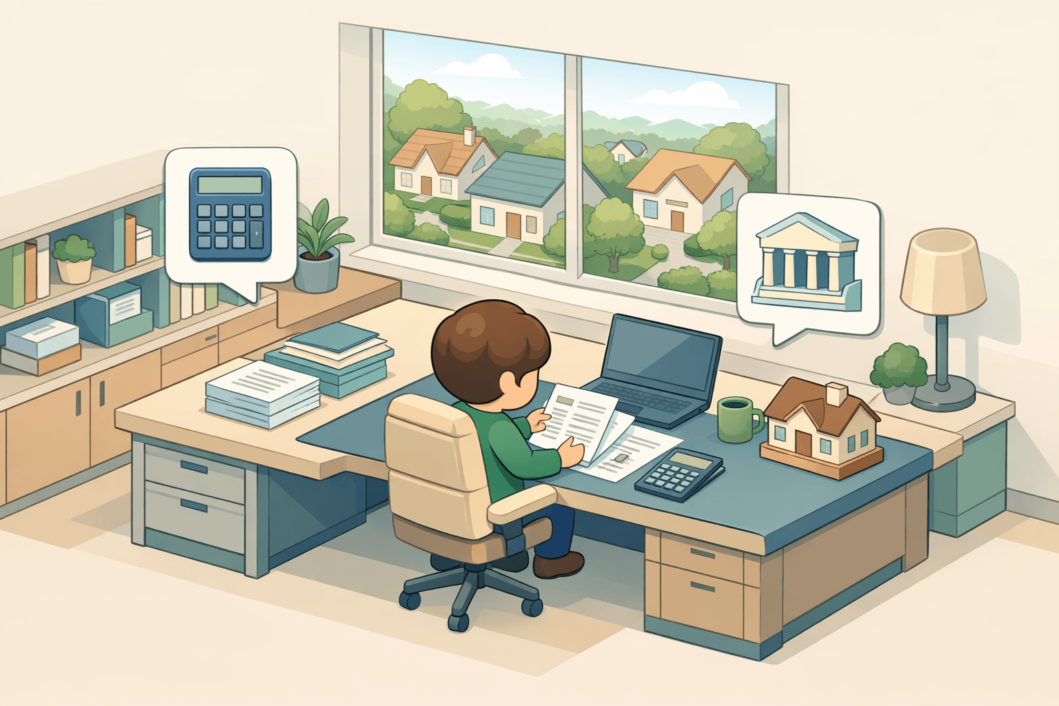 A person reviews mortgage documents at a home office desk with a calculator and financial papers nearby.