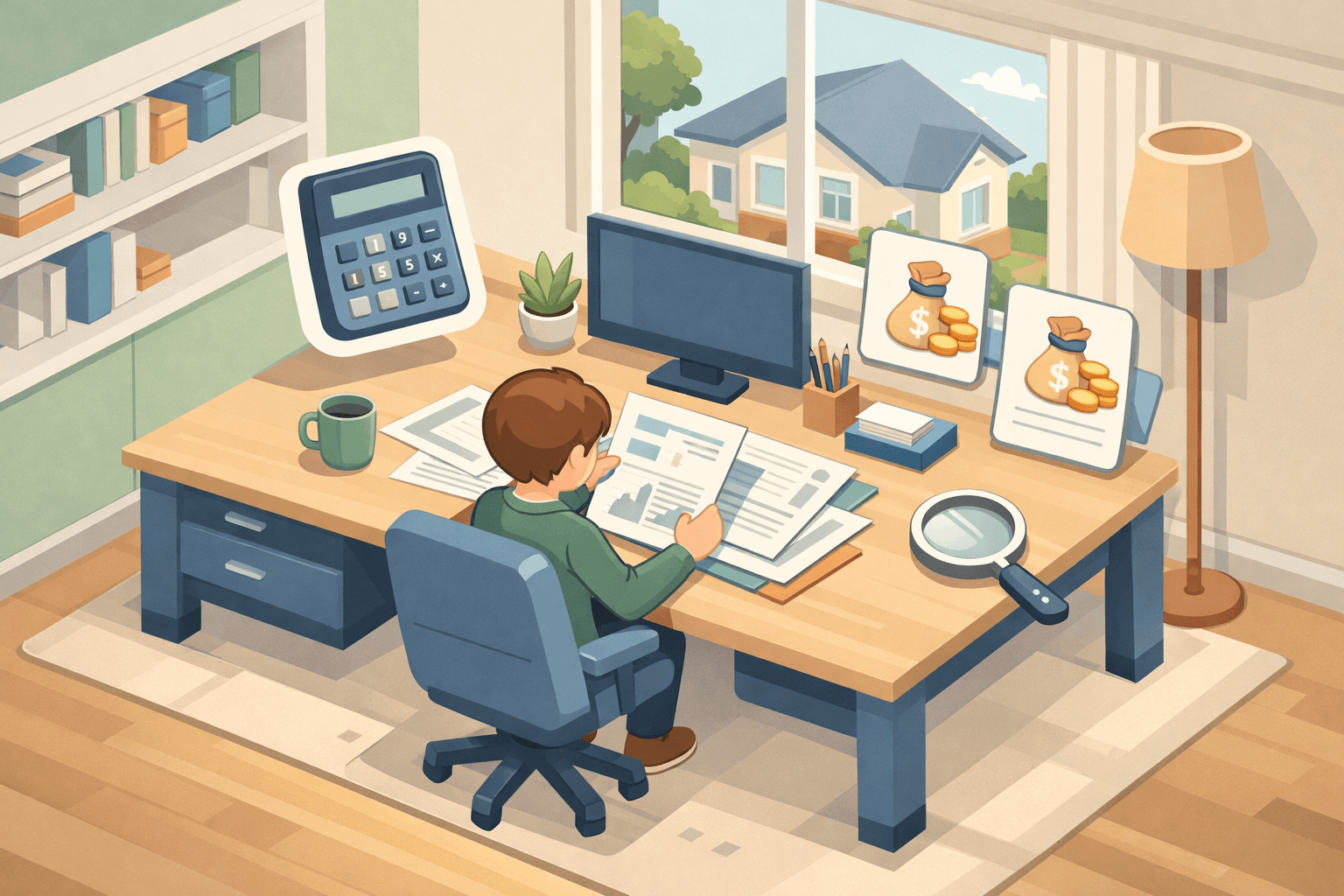 A person reviewing bonus income documents at a desk inside a home office with a house visible in the background