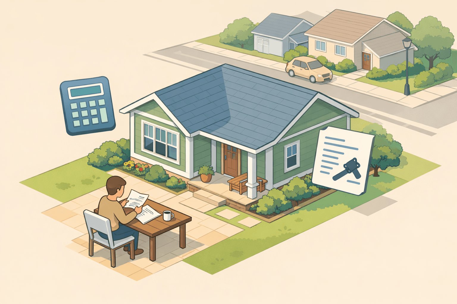 A person reviews mortgage documents at a table outside a house after finalizing a divorce settlement