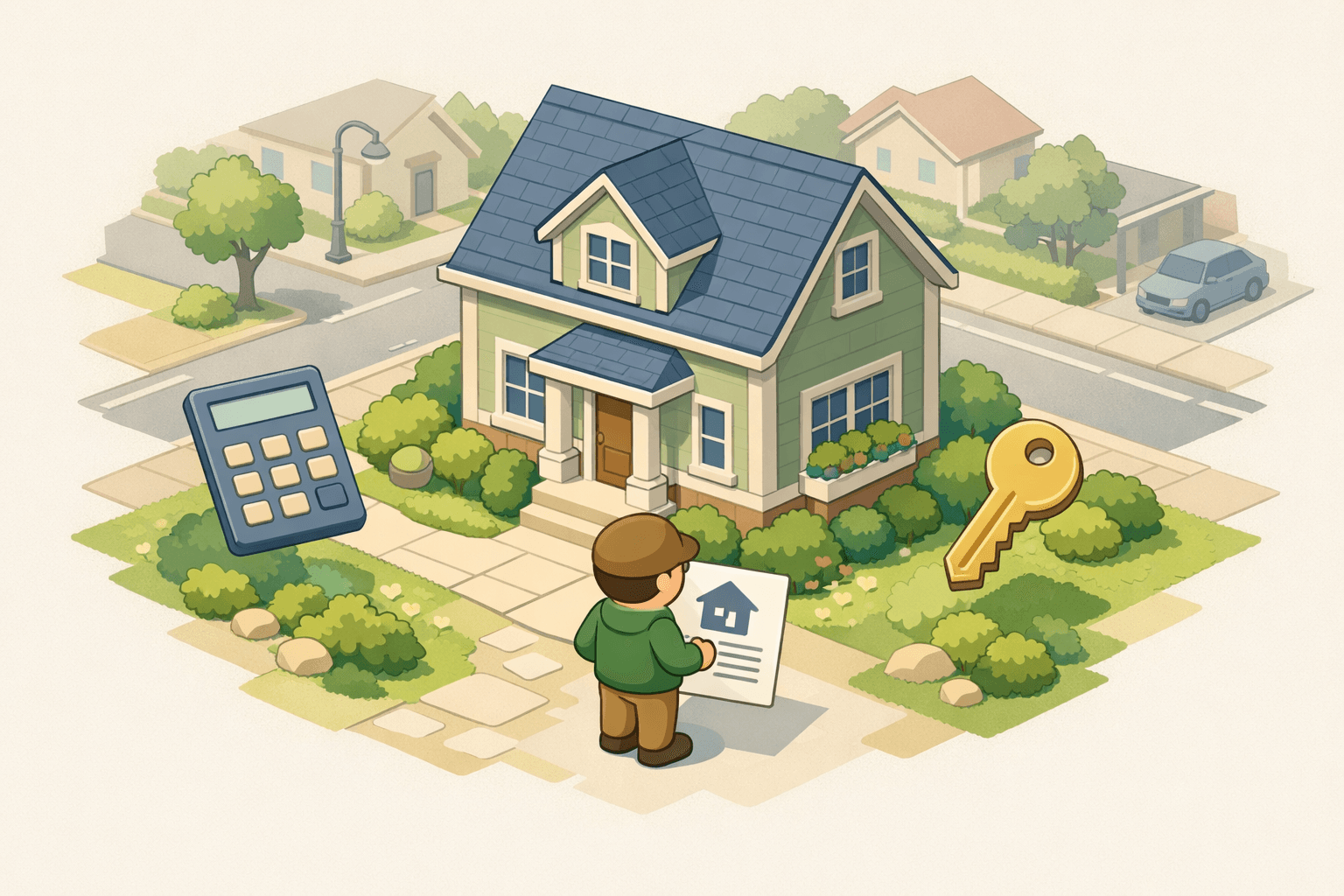 A homebuyer reviews inheritance documents in front of a house with a calculator and key icons nearby