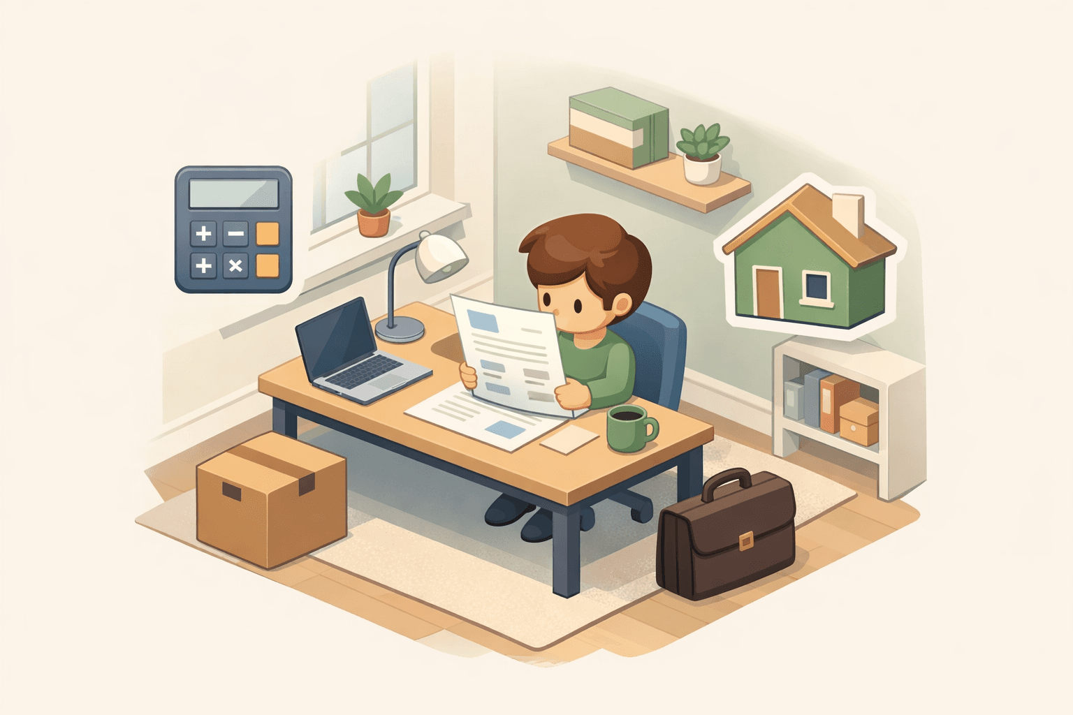 A person reviews mortgage affordability documents at a desk with a calculator and a house icon nearby after a recent job change