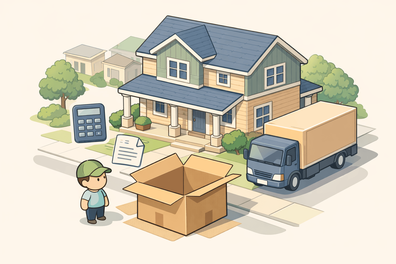 A person reviewing mortgage documents beside a moving box in front of a new home after a job relocation