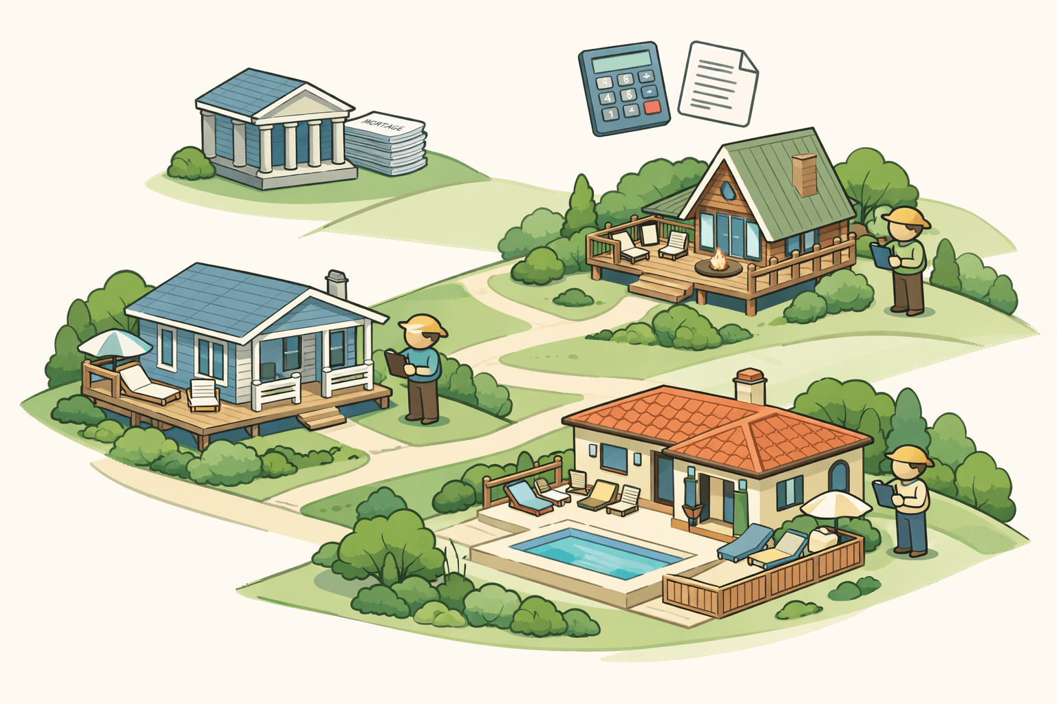 Three short-term rental homes on a hillside with a calculator and document icons representing Airbnb mortgage affordability planning