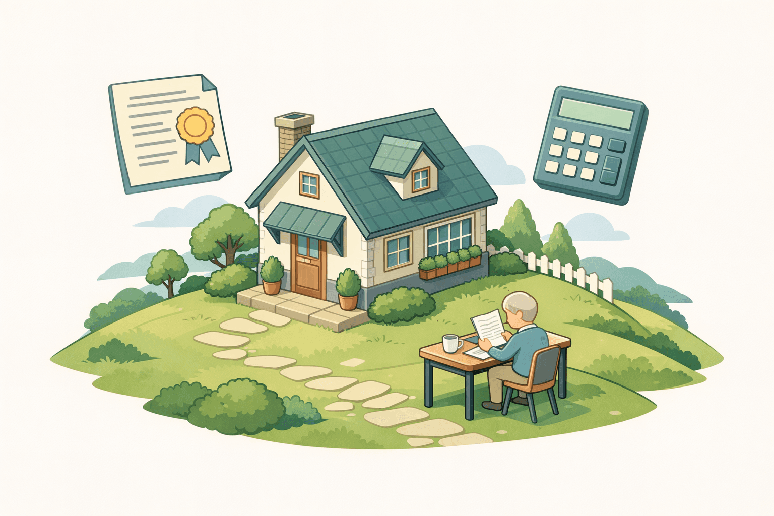 A retiree reviewing mortgage documents at a desk beside a small house, with pension and calculator icons nearby