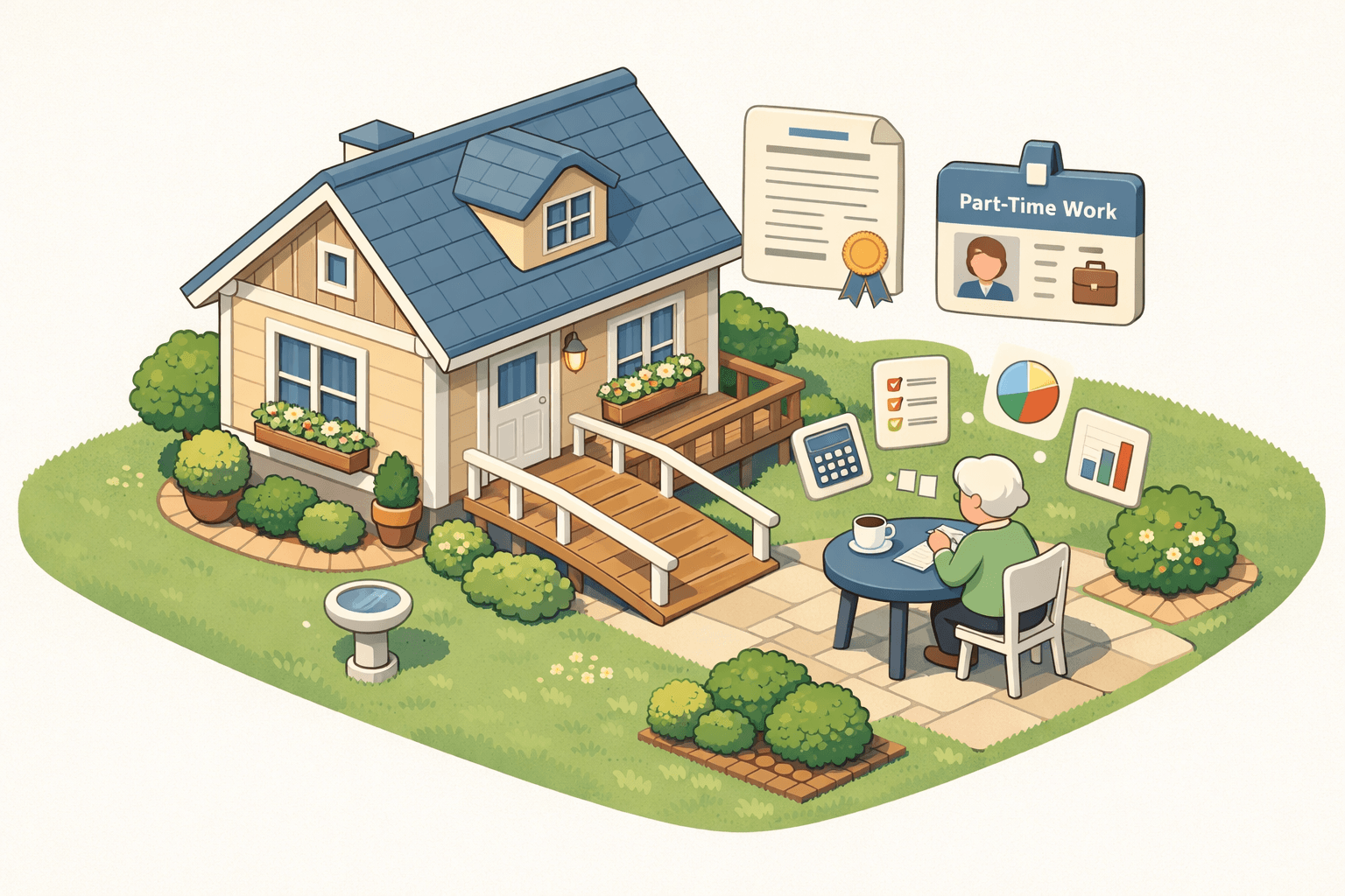 A retiree reviews mortgage affordability documents at a cozy home with pension and part-time income records nearby.
