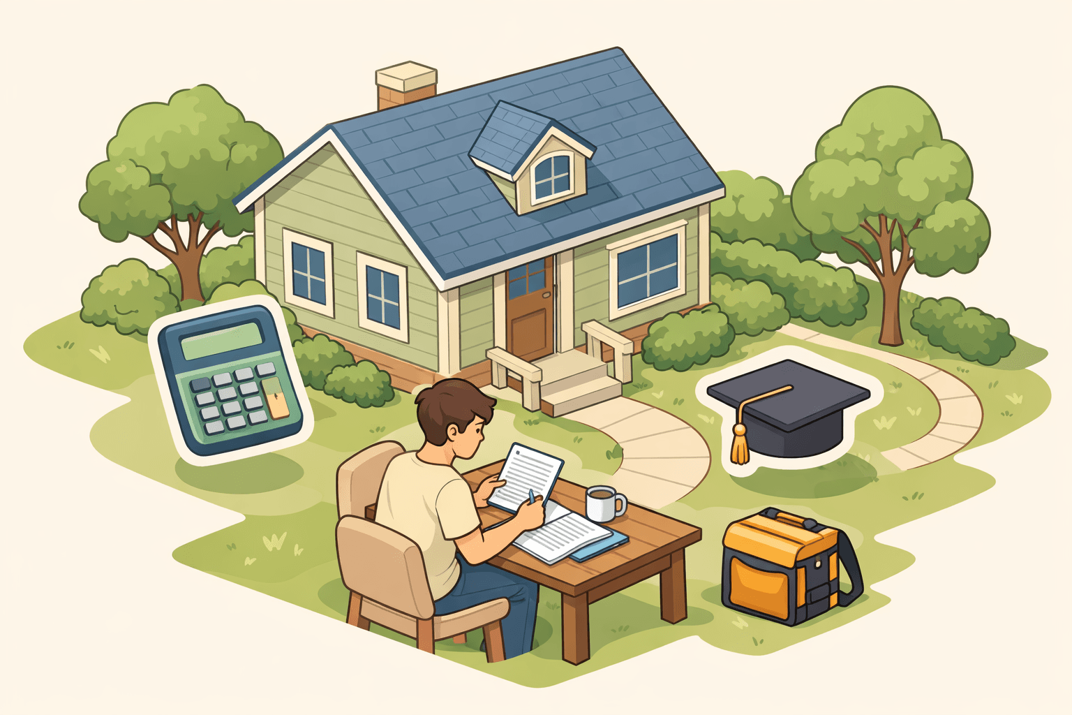A homebuyer reviews mortgage documents at a desk outside a house with a calculator and student loan symbols nearby.