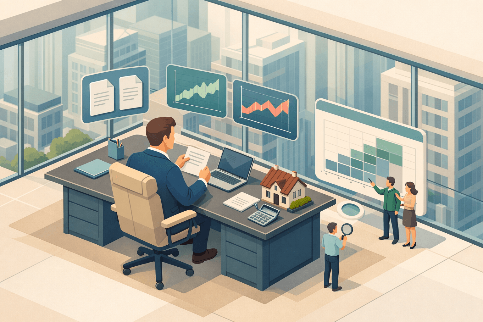 An executive reviewing mortgage documents alongside stock compensation statements and a small house model on a desk.