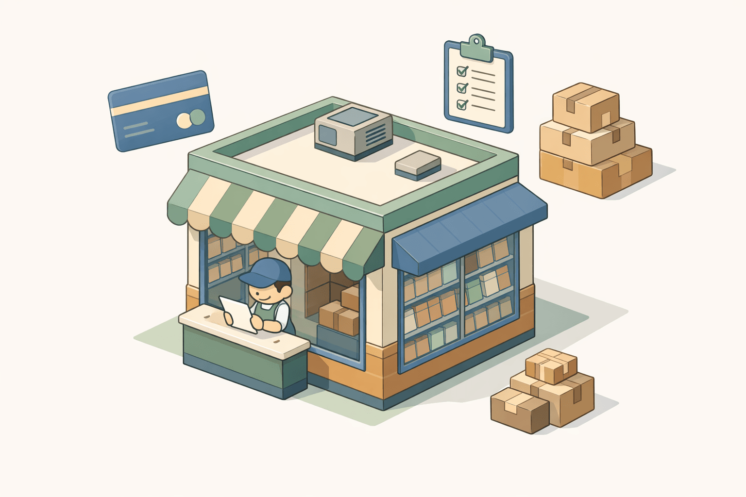 Small retail store stocked with seasonal inventory while a business owner reviews financing documents at a counter