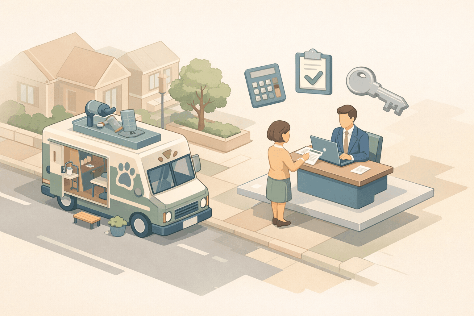 A mobile grooming van parked on a residential street with a small business owner reviewing loan documents nearby.