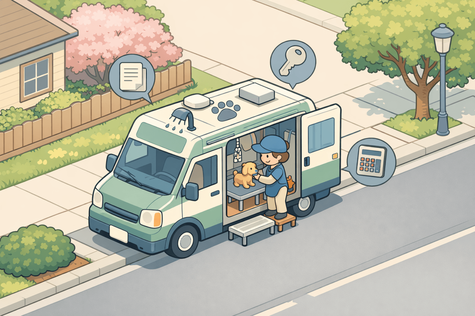 A mobile dog grooming van parked on a neighborhood street with grooming equipment visible and a small business owner nearby.