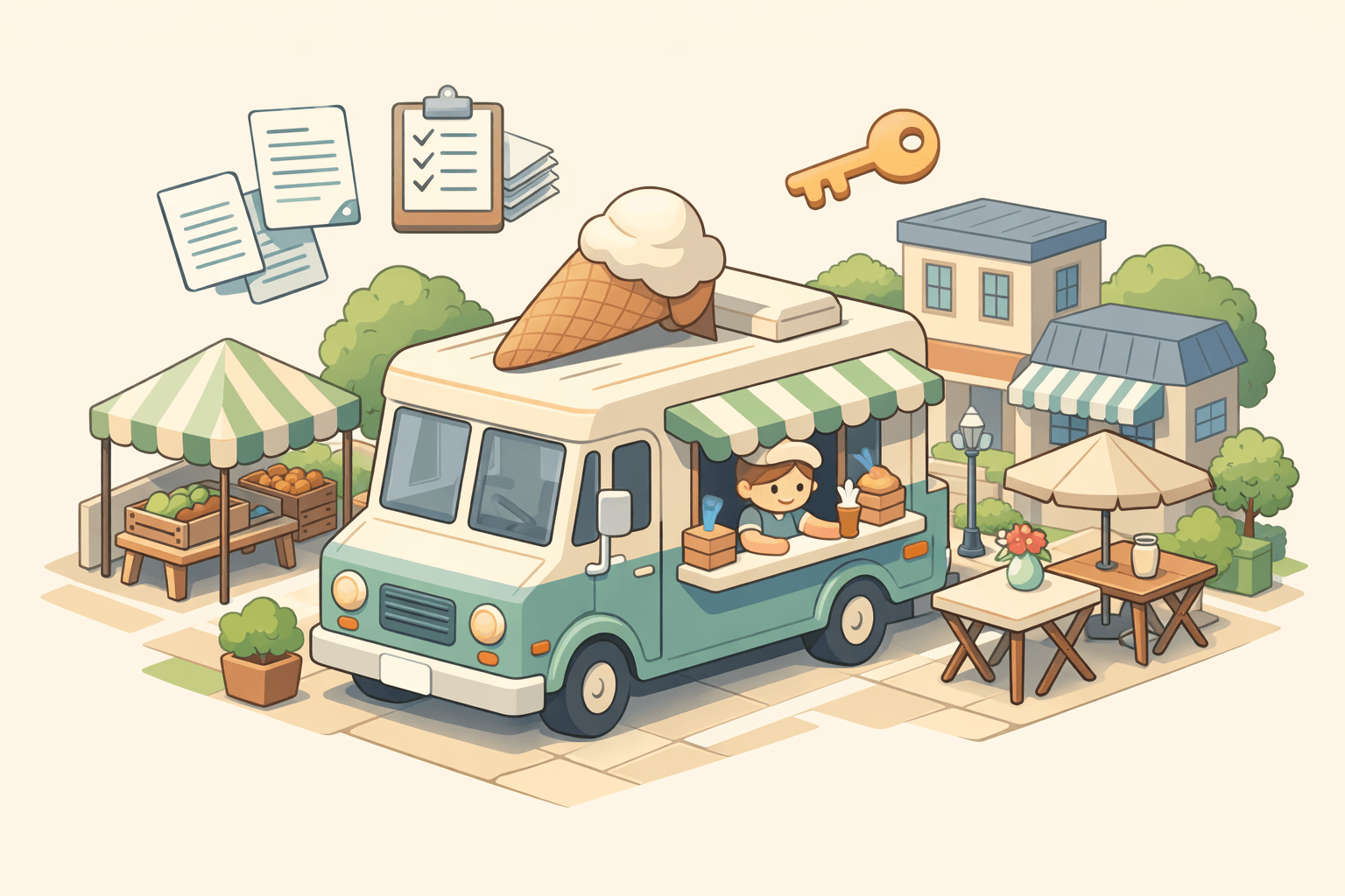 A colorful mobile ice cream truck parked at an outdoor market with a small crowd nearby on a sunny day