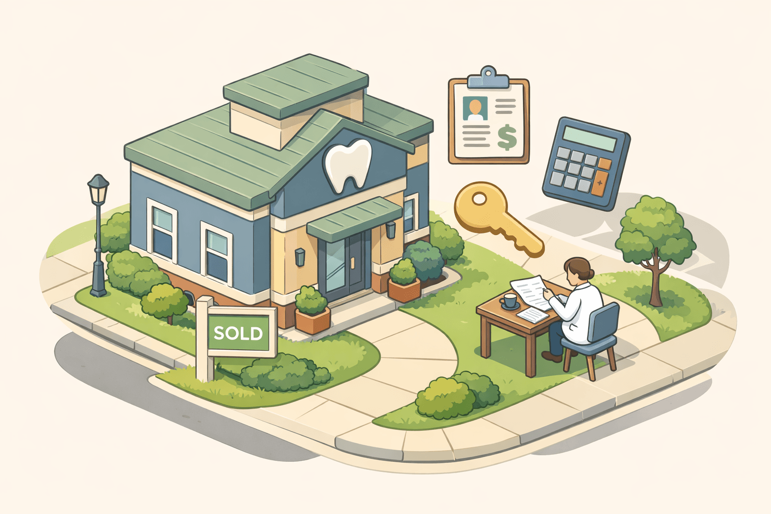 A dental office building with a sold sign and a dentist reviewing loan documents at a desk outside