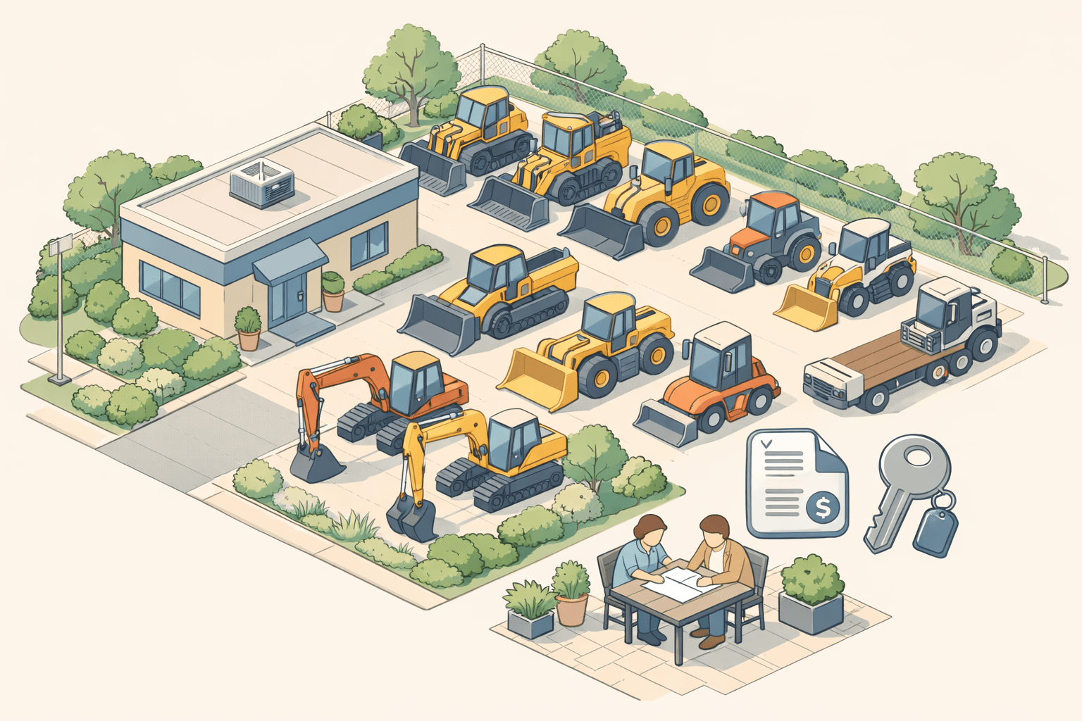 Isometric view of a used equipment dealership lot with machinery and two small figures reviewing loan documents outside
