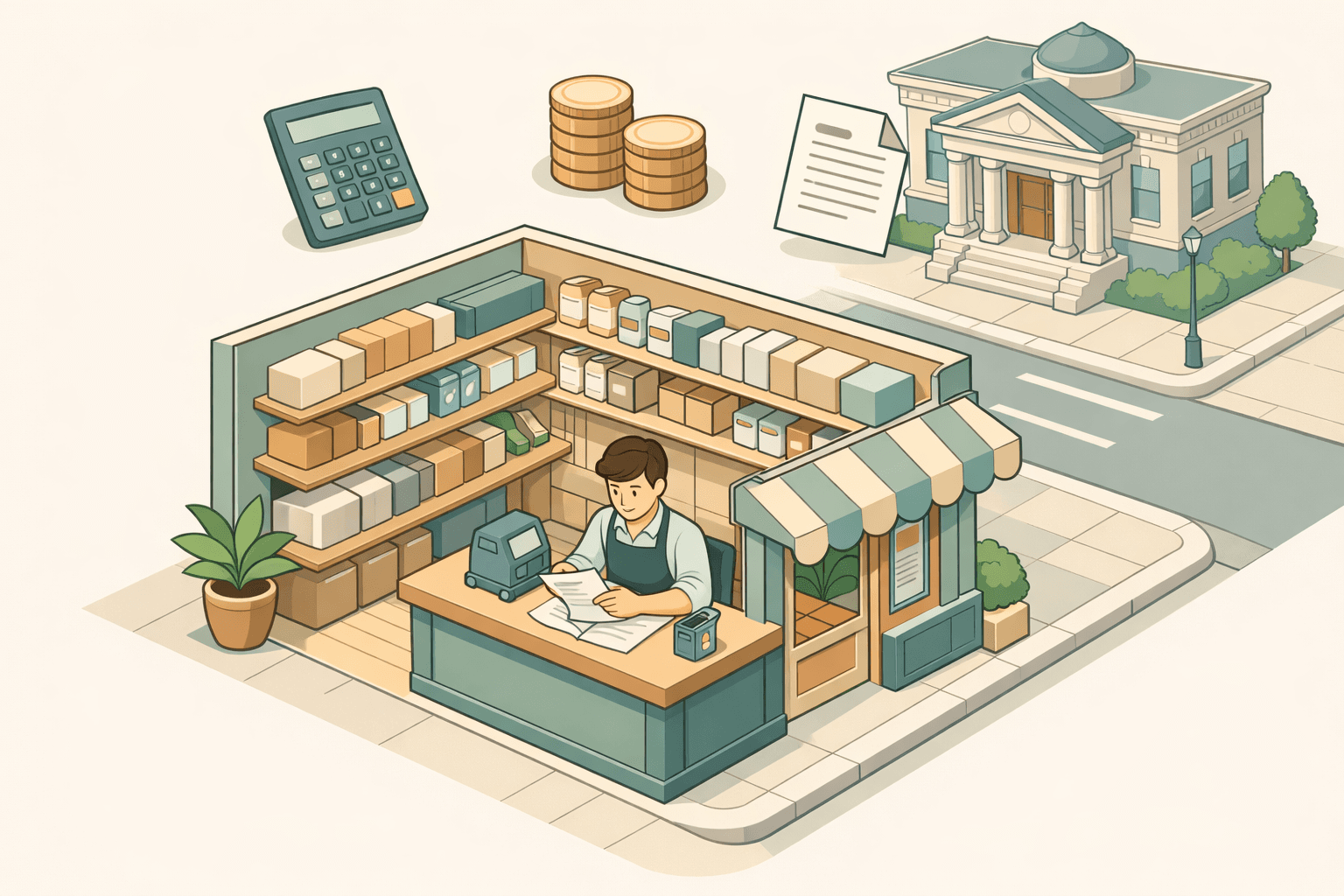 Small business owner reviewing inventory financing documents inside a well-stocked retail store with shelves full of products