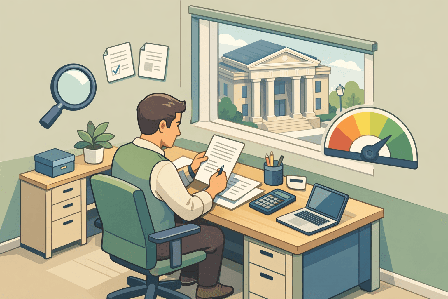 Small business owner reviewing loan documents at a desk inside an office with a bank building visible in the background