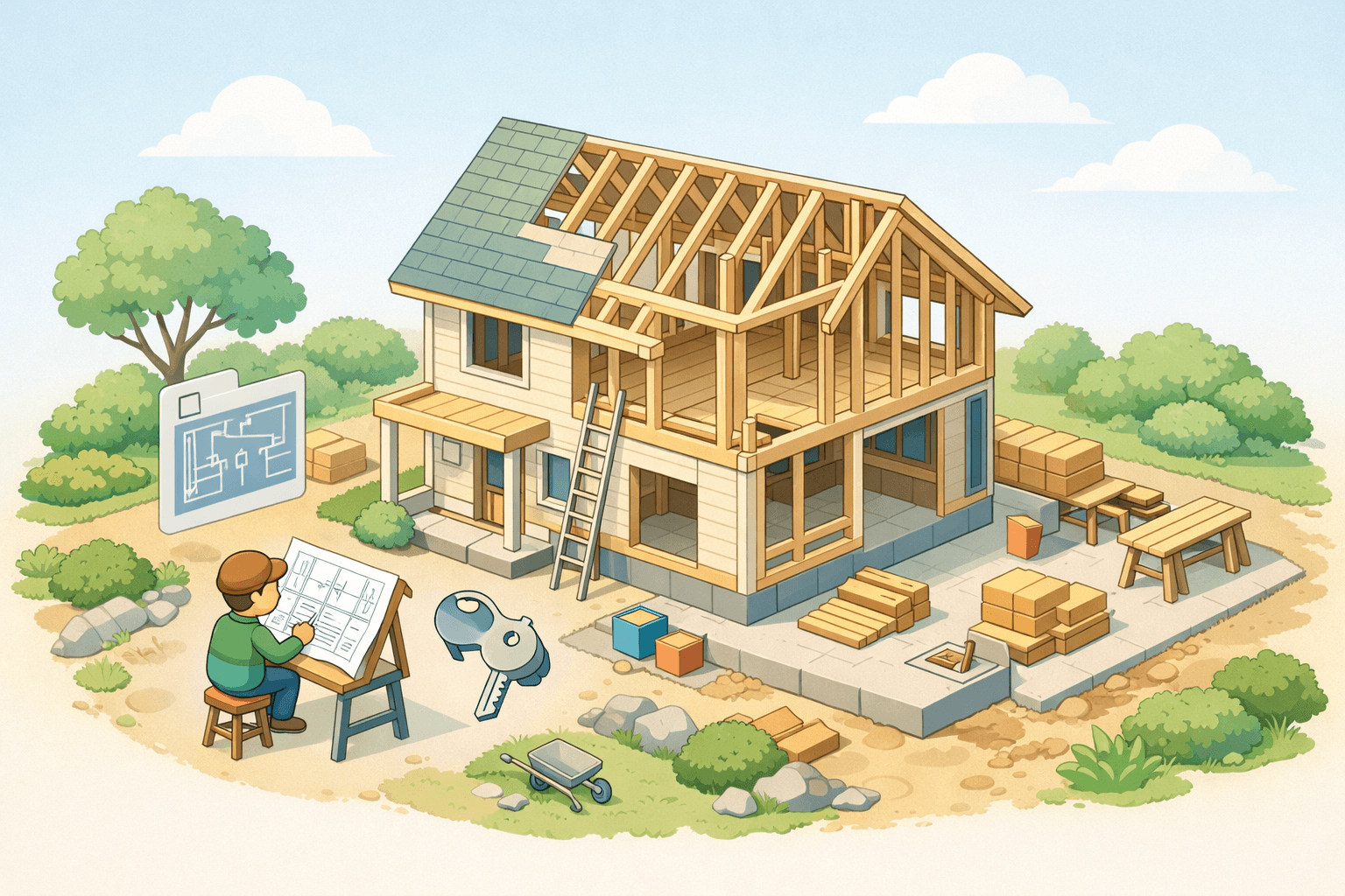 A custom home under construction on a residential lot with a person reviewing blueprints nearby