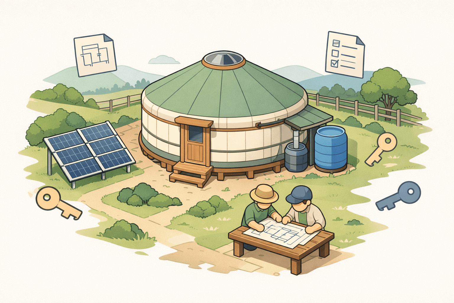 A yurt home on a rural hillside with solar panels and off-grid utility systems nearby