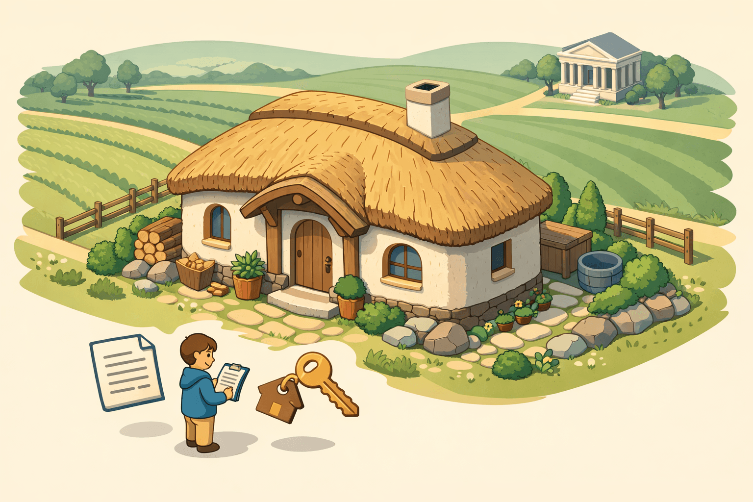 A straw bale home with thick plastered walls and a natural landscape, representing alternative construction home financing.