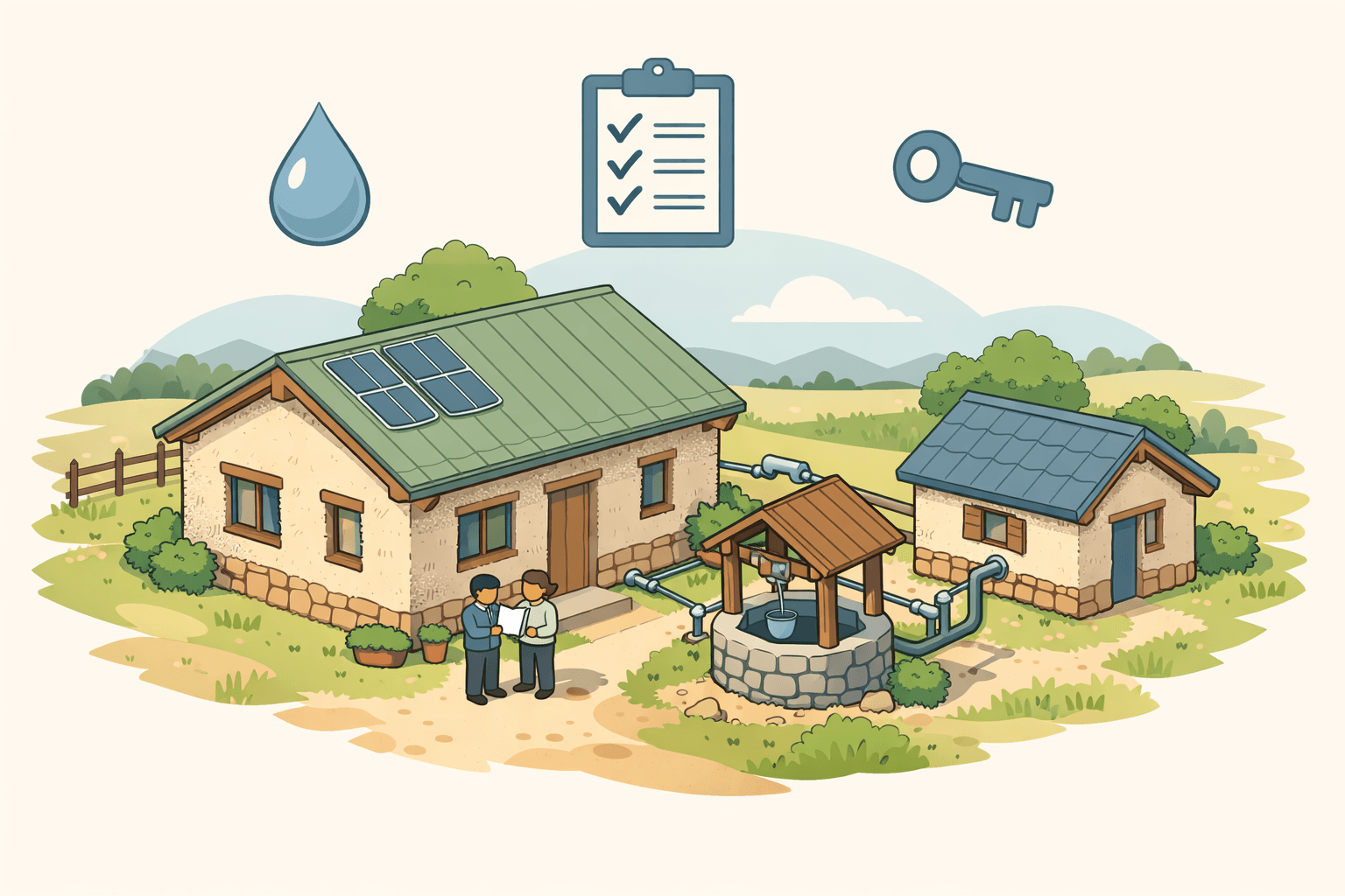 A straw bale home in a rural setting with a shared well nearby and two people reviewing mortgage documents outside.