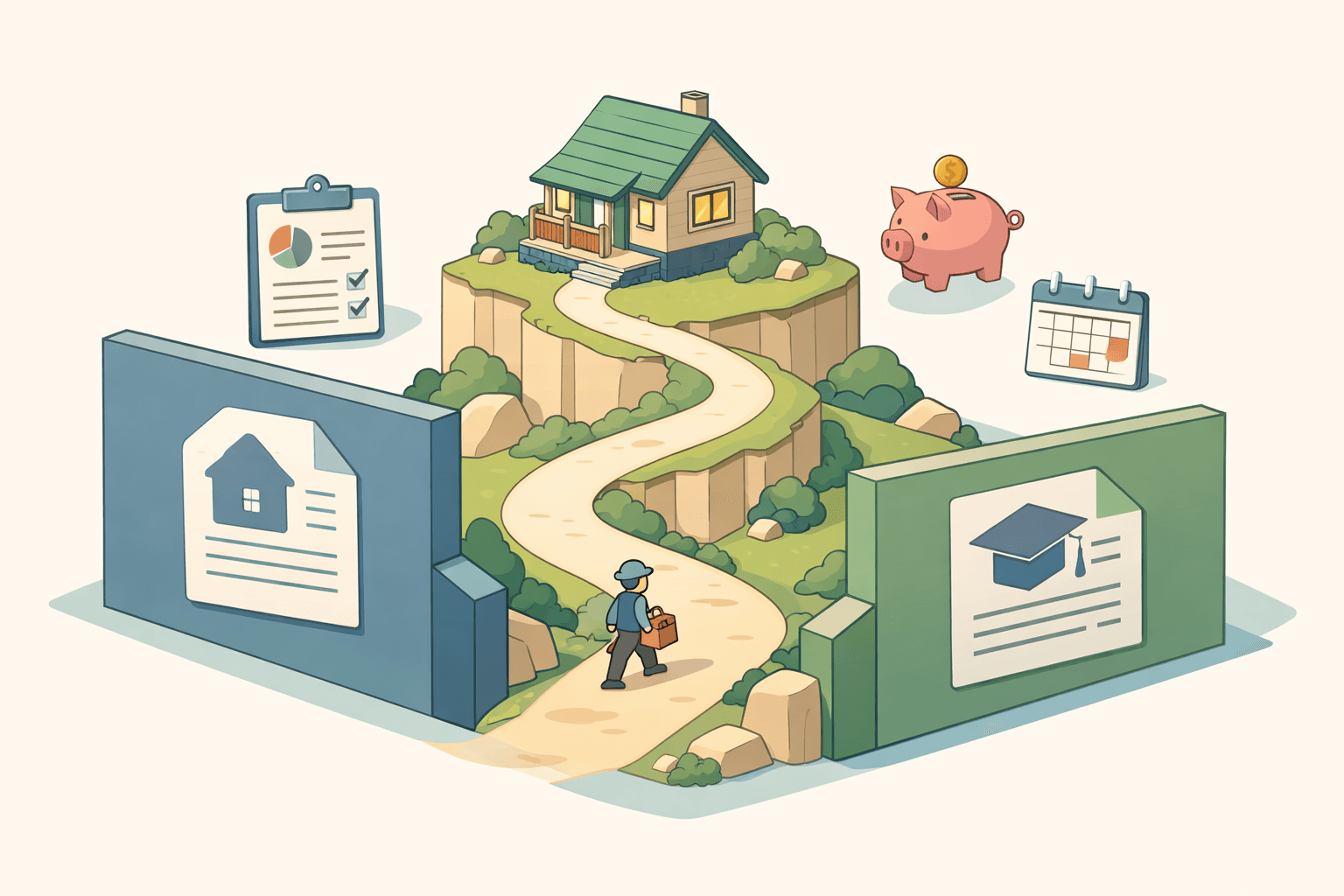 A person climbing a path toward a house past obstacles representing foreclosure and student debt, with credit and savings icons nearby.