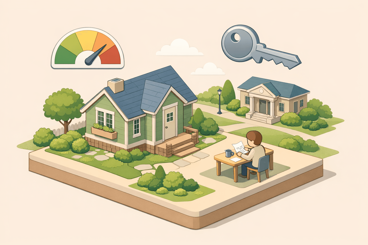 A person reviewing mortgage documents at a desk beside a small house model and a credit score gauge icon