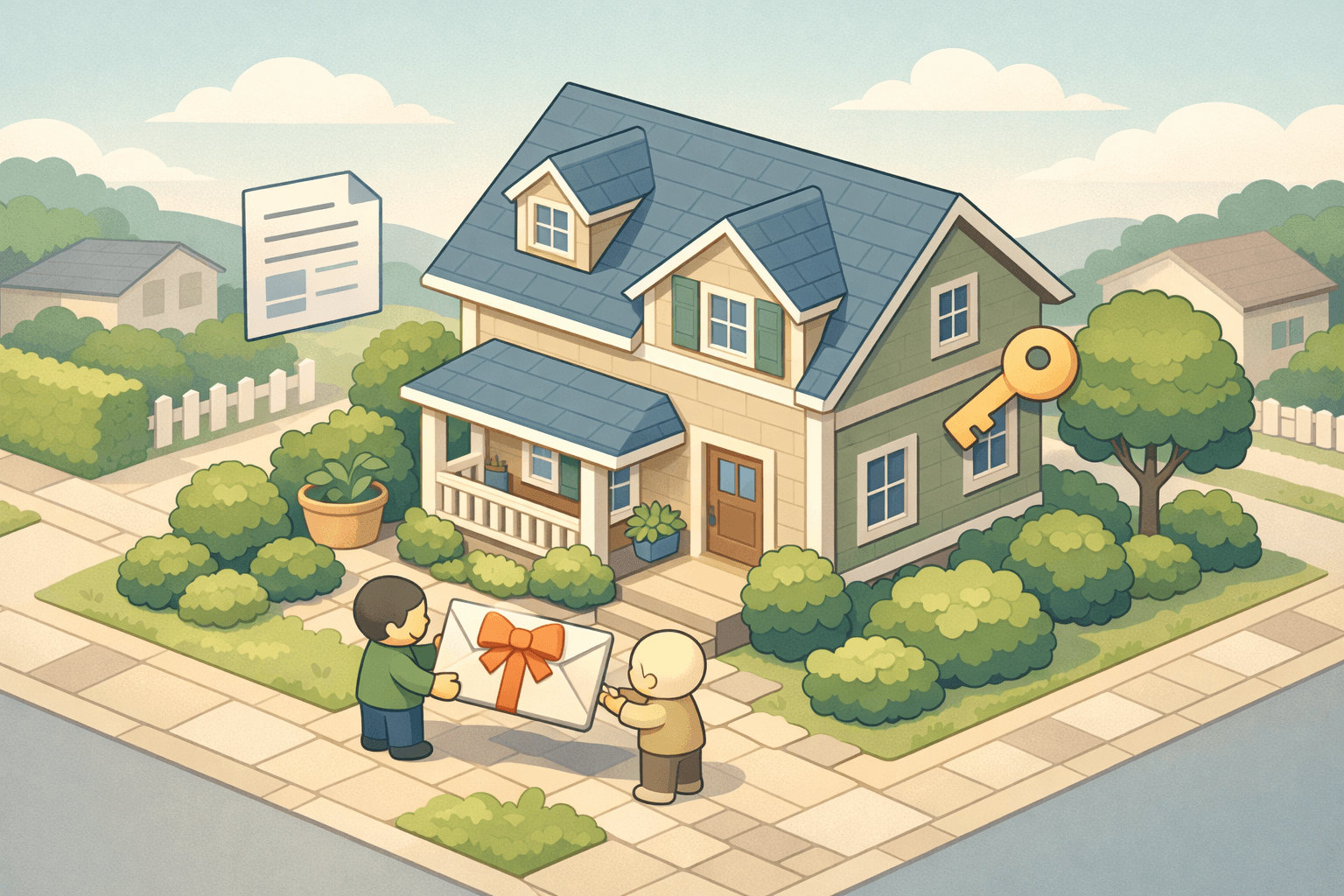 A family member gifting money to a homebuyer standing in front of a house they plan to purchase with a conventional loan.