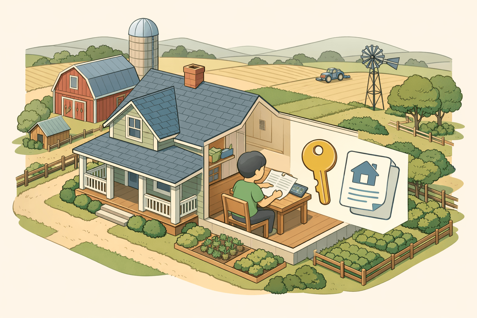 Isometric scene of a farmhouse on open agricultural land with a small figure reviewing loan documents at a desk nearby