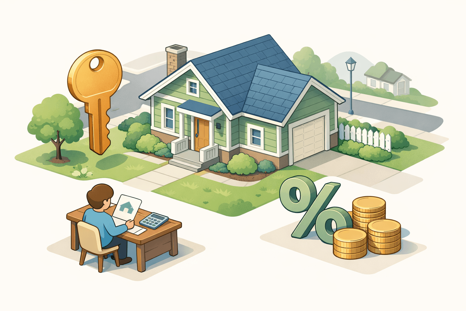 A small home with a floating key and document icons representing a low down payment conventional mortgage process.
