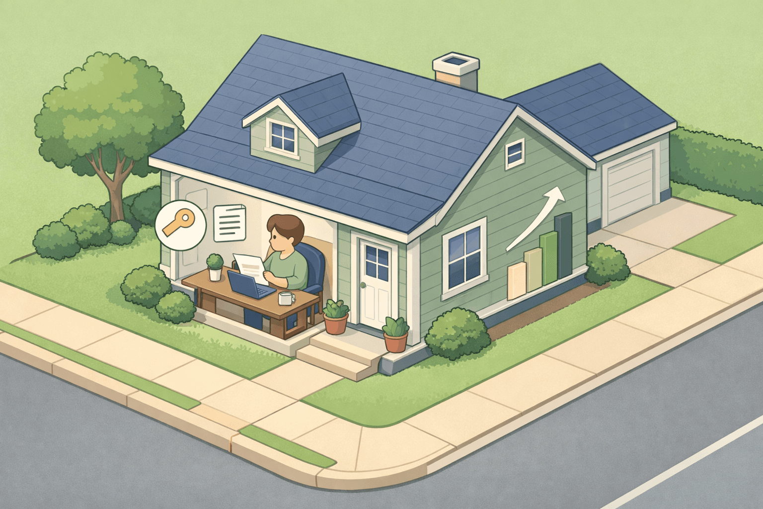 A homeowner reviews HELOC documents at a desk inside a cozy primary residence with equity and grant income paperwork nearby.