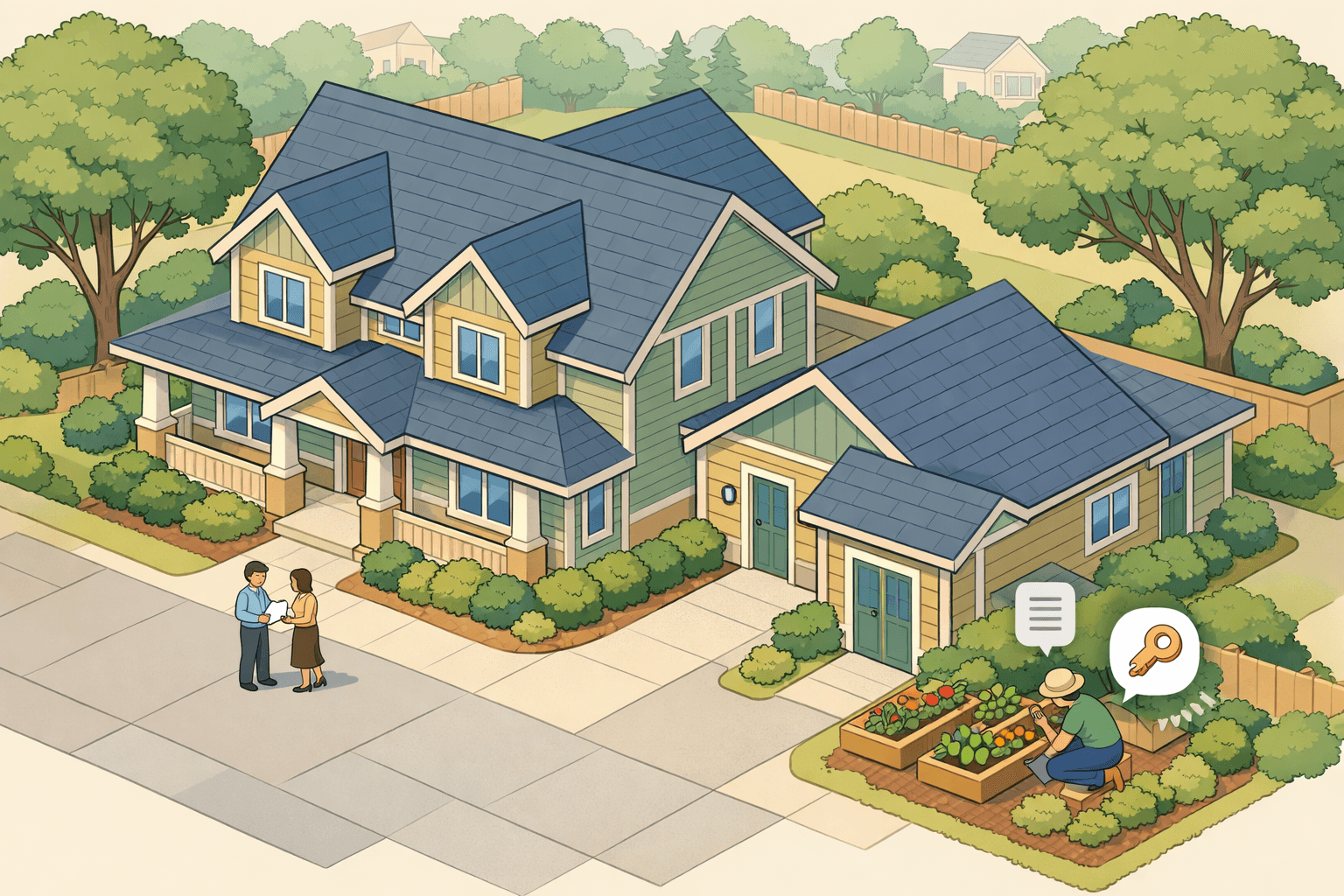 A large multi-generational home with a secondary entrance and two small figures reviewing mortgage documents outside
