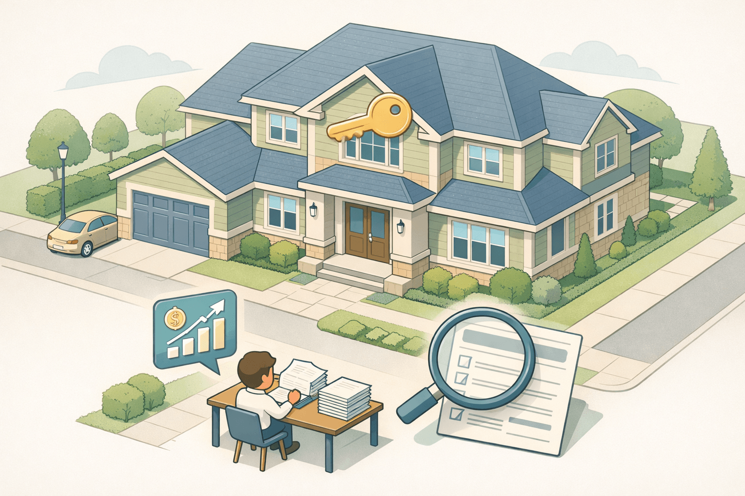 A stylized isometric scene of a large home with a figure reviewing documents and a floating key icon above the front door
