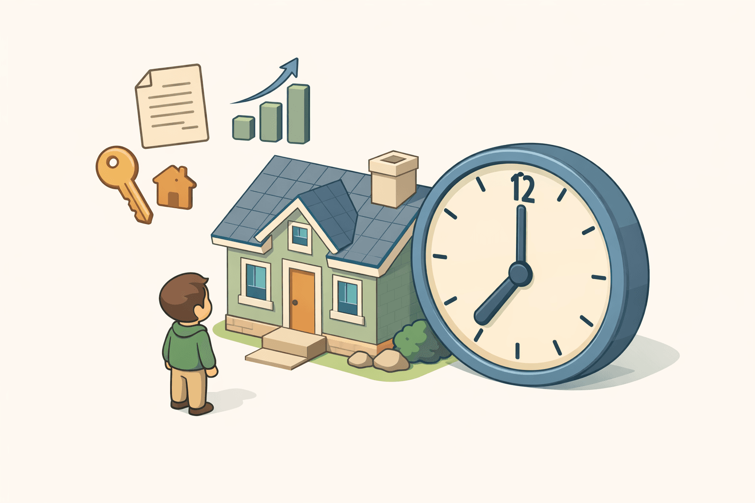 A person standing in front of a house next to a large clock, with floating icons of a document and a key nearby