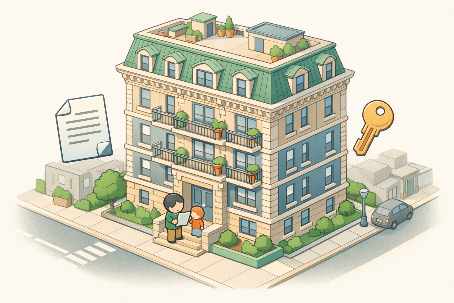 Isometric view of a cooperative apartment building with two small figures reviewing loan documents at the entrance