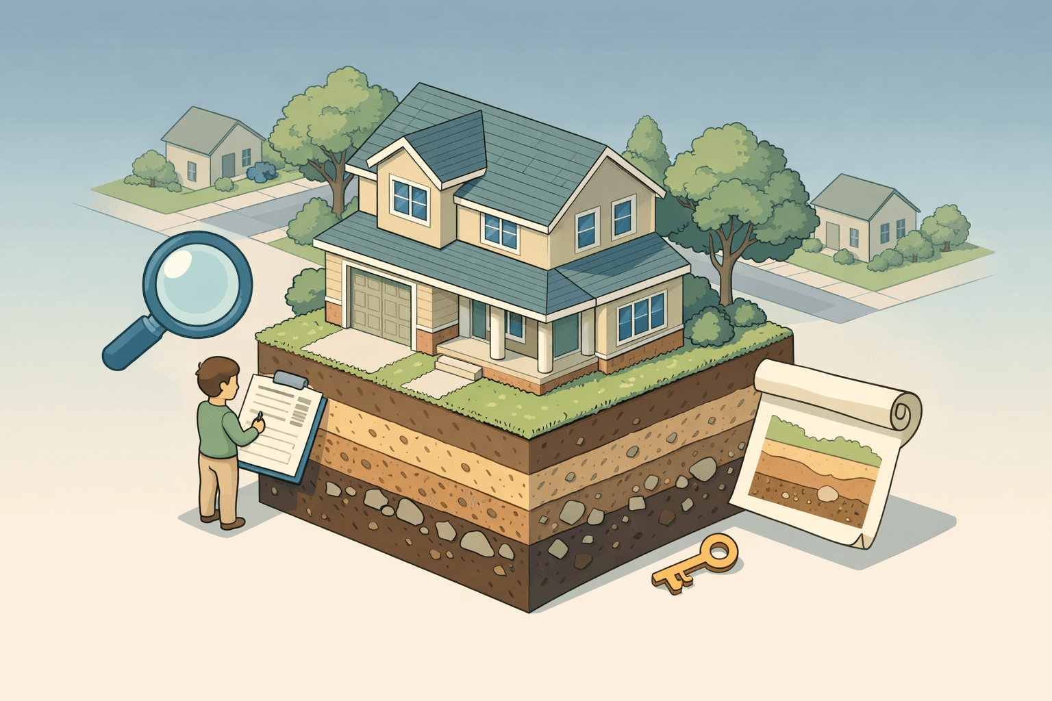 Isometric illustration of a house with soil layers beneath it and a person reviewing survey documents nearby