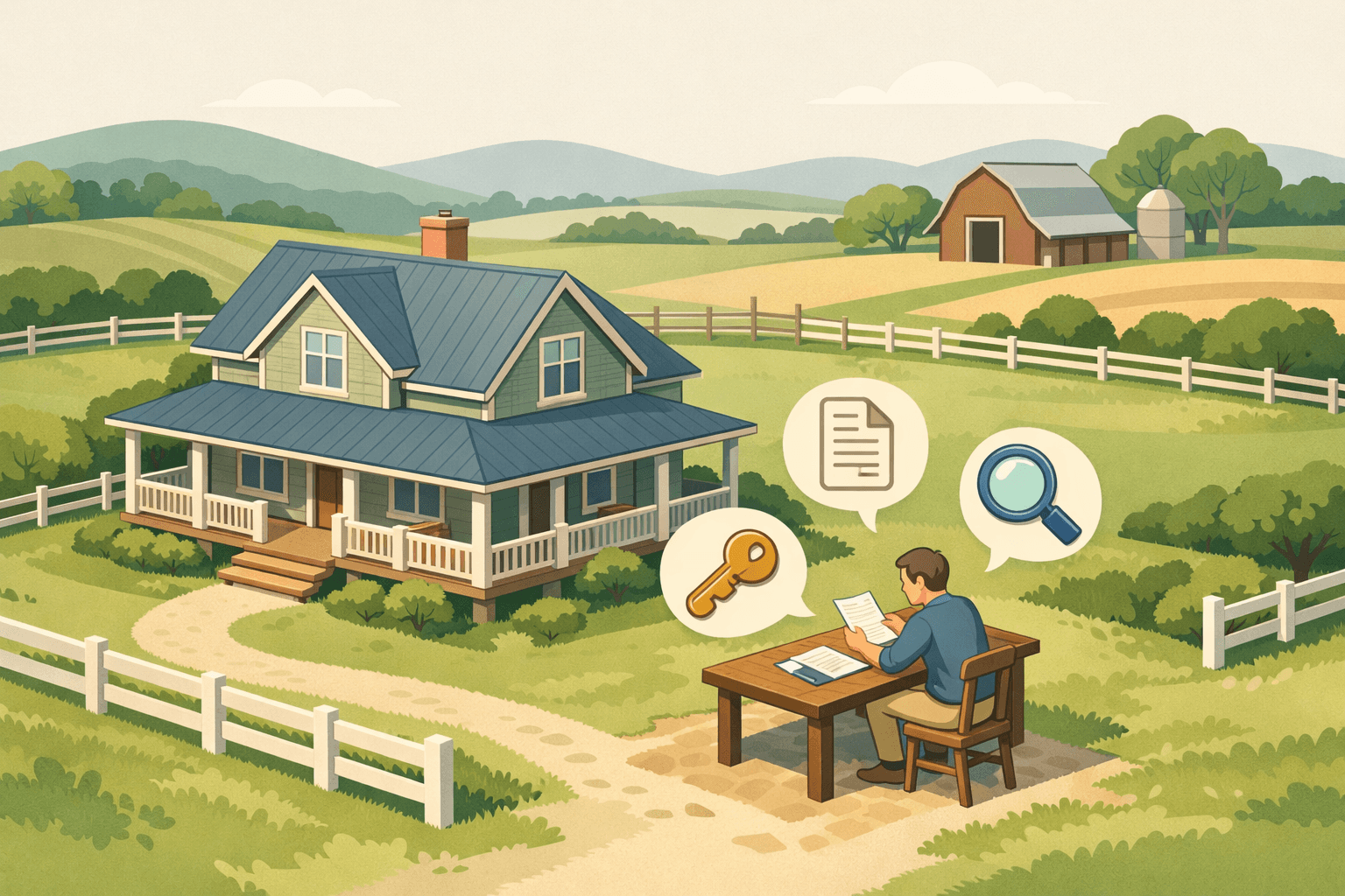 A farmhouse on open agricultural land with a person reviewing mortgage documents outside near a fence and fields