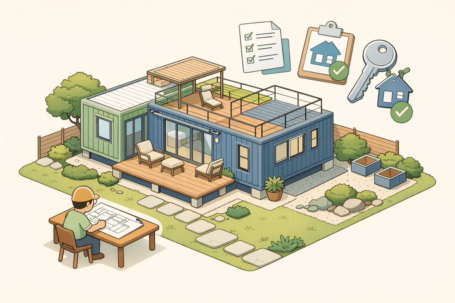 A modern shipping container home on a permanent foundation with a person reviewing building plans outside