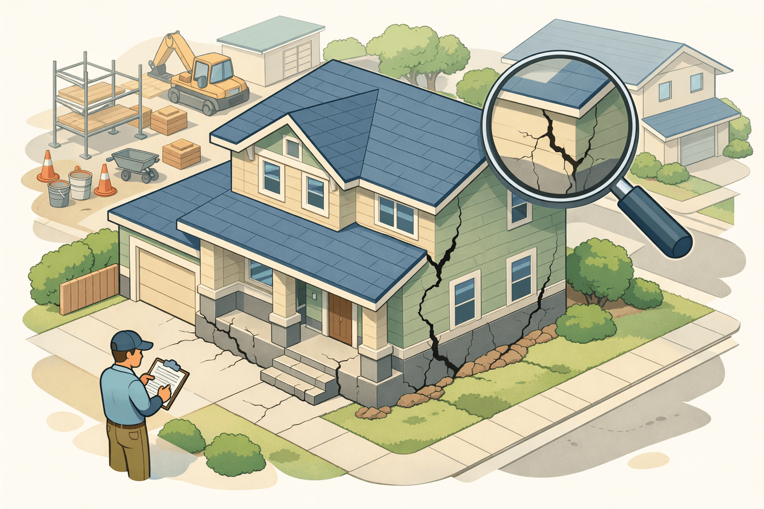 A house with earthquake structural damage being assessed for mortgage financing options