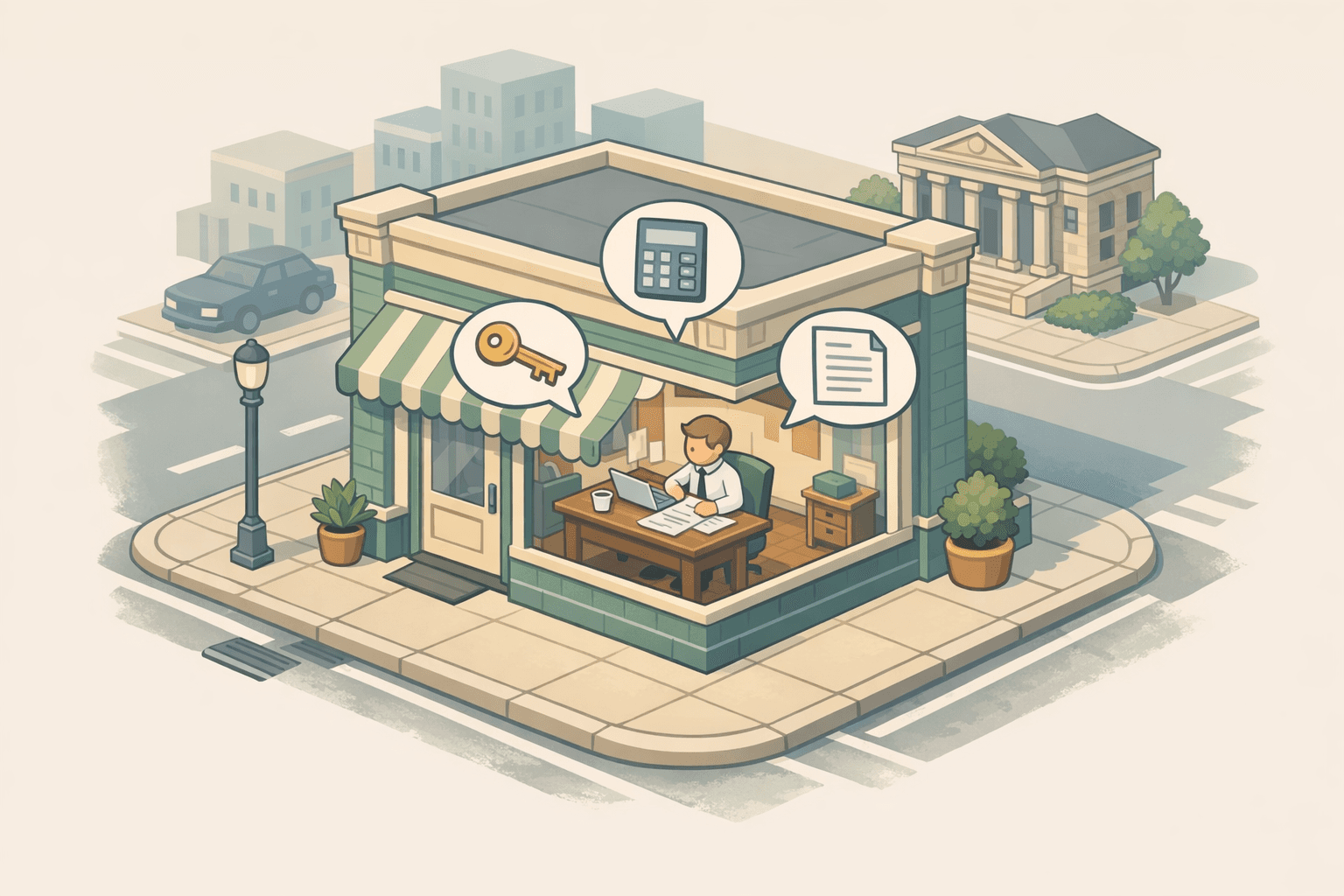 Small business owner reviewing loan documents at a desk inside a storefront with a bank building nearby