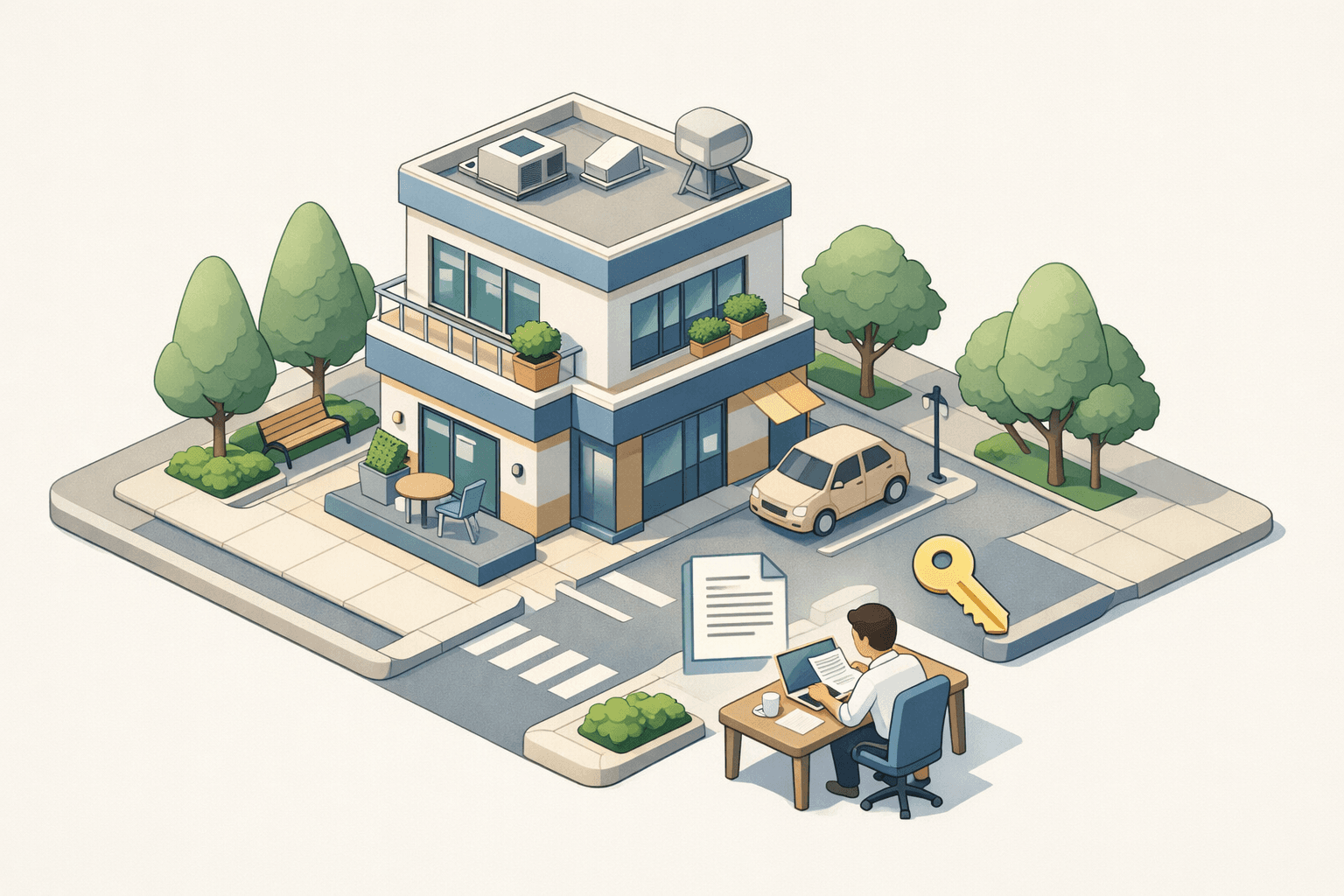 Small business owner at a desk reviewing loan documents inside a startup office building with no collateral assets present