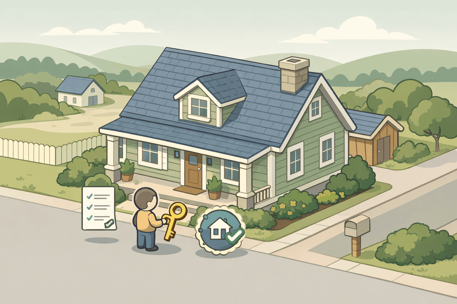 A small rural home with a key and approval document floating nearby, representing a USDA loan purchase of an existing property.