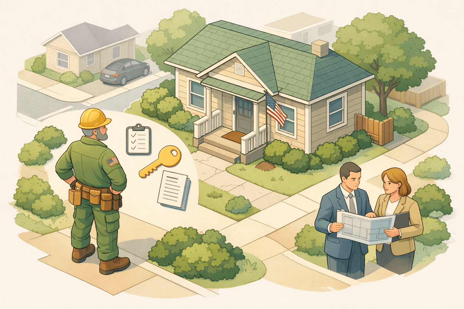 A veteran reviewing renovation plans outside a fixer upper home with a lender and real estate agent nearby