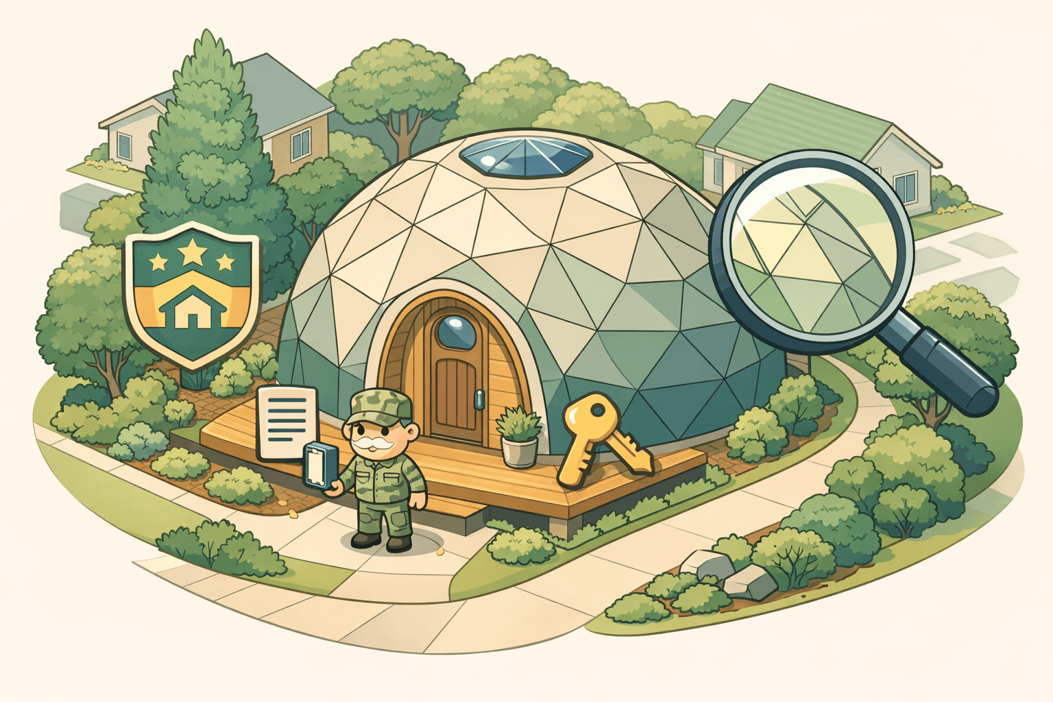 A geodesic dome home surrounded by trees with a veteran figure holding documents and a key icon nearby
